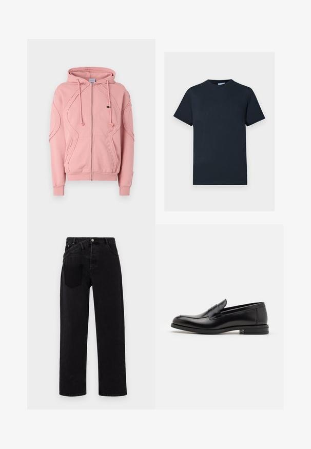 Roosa lukuga kapuutsiga jope, mis on valmistatud pehmest kangast, ribitud mansettide, ääre ja dekoratiivsete õmblustega käsivartel ja ees. Reguleeritavad kapuutsi nöörid.; Tume sinine puuvillane T-särk, lühikeste varrukatega, ümar kaelus, millel on tekstuuritud logodisain rinnus heledamas toonis.; Mustadest denimist valmistatud sirge säärega teksapüksid, millel on ees nööpidega sulgemine, viie tasku stiil ja üks tagatasku paremal küljel.; Mustad mustad nahast loafers sileda tekstuuriga, ümarat ninaosa ja dekoratiivne riba vampi üle. Madal kihiline konts, minimalistlik disain.
