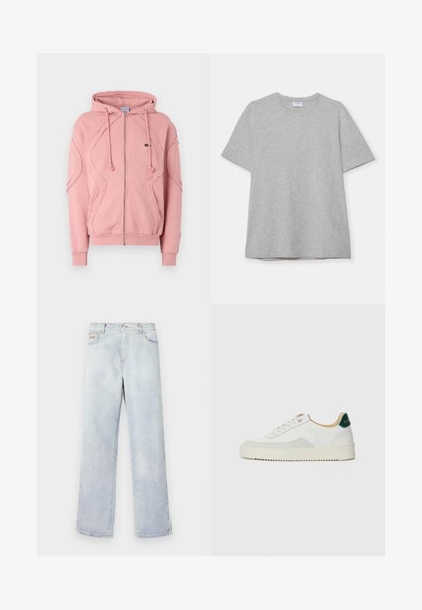 Rosa zip-up hoodie tillverkad av mjukt tyg, med ribbade ärmar, nederkant och dekorativ sömnad längs armarna och fram. Justerbara huva-snören.; Grå t-shirt med kort ärm gjord av mjukt, texturerat tyg. Har en klassisk rund halsringning och en rak nederkant, lämplig för avslappnad klädsel.; Ljusblå denimjeans med raka ben, med knappstängning, fem fickor och kontrasterande sömmar.; Vit sneaker med mockadetaljer, rund tå, platta snören och en krämfärgad gummisula. Har grön branding på hälen.
