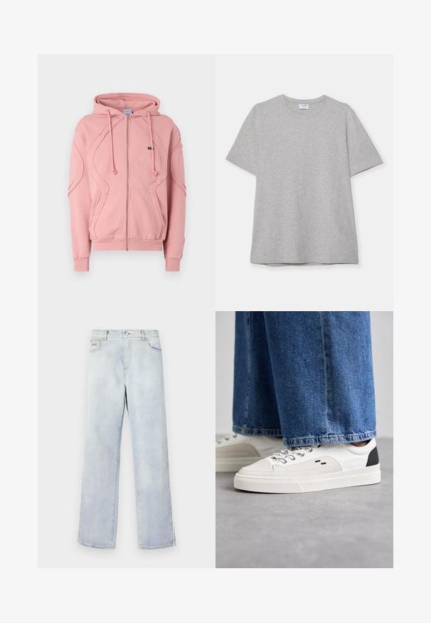 Ružový zipsový mikina vyrobená z mäkkej tkaniny, s rebrovanými manžetami, lemom a dekoratívnym šitím po rukávoch a prednej časti. Nastaviteľné šnúrky kapucne.; Sivá krátke rukávové tričko vyrobené z mäkkej, textúrnej látky. Má klasický okrúhly výstrih a rovný lem, ideálne na neformálne nosenie.; Svetlomodré džínsy s rovnými nohavicami, vybavené zapínaním na gombík, piatimi vreckami a kontrastným prešívaním.; Biele a čierne tenisky s hladkým koženým zvrškom, štruktúrovanými akcentmi a masívnou bielou podrážkou. Obsahujú klasický dizajn so šnurovaním.