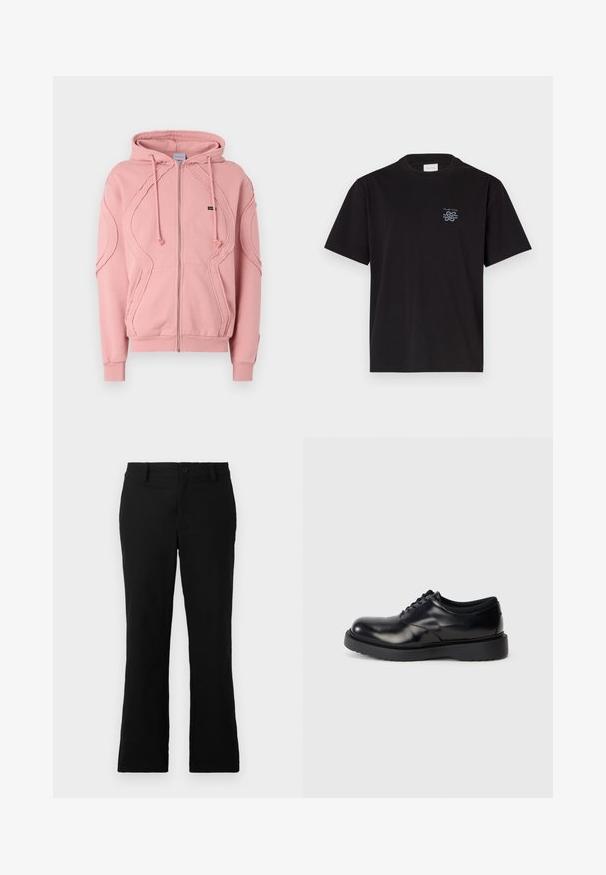 Hoodie rosa com fecho, feito de tecido macio, com punhos e barra canelados, e costura decorativa ao longo dos braços e na frente. Cordões ajustáveis na capuz.; T-shirt de algodão preto com gola redonda e mangas curtas. Apresenta um pequeno logotipo azul no lado esquerdo do peito. Design simples e reto.; Calças flare pretas feitas de um tecido de algodão misto, com fecho de botão, passantes para cinto e uma textura suave sem padrões visíveis.; Sapato de couro preto com atacadores, bico arredondado, superfície lisa e sola de borracha espessa com ranhuras subtis para tração.