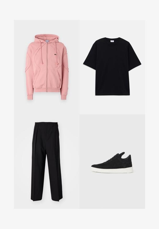 Rozā kapuce ar rāvējslēdzēju, izgatavota no mīksta auduma, ar ribotām aprocēm, apakšmalu un dekoratīvām šuvēm pa rokām un priekšpusi. Regulējamas kapuces saites.; Melns īsām piedurknēm oversize T-krekls ar apaļu kakla izgriezumu un redzamu Filippa K zīmola birku iekškaklā.; Melnas plisētās bikses ar taisnu, plata kāja dizainu. Izgatavotas no gludas auduma, ar pogu aizdari un jostas cilpiņām.; Melna zamša apavi ar baltu gumijas zoli, ar tonālu izšuvumu un auklu dizainu. Gluda tekstūra ar mūsdienīgu, plūstošu formu.