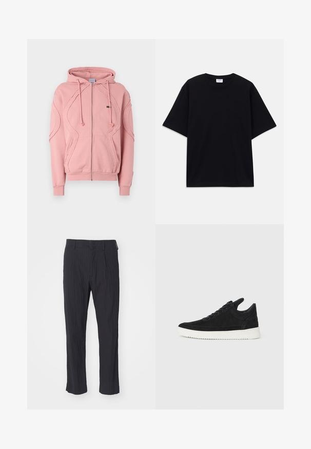 Pink zip-up hoodie made from soft fabric, featuring ribbed cuffs, hem, and decorative stitching along the arms and front. Adjustable hood ties.; Black short-sleeve oversized T-shirt with round neckline and visible Filippa K brand label inside the collar.; Black pleated trousers with a textured fabric, featuring a straight leg design and standard waistband. No visible pockets or hardware.; Black suede sneaker with a white rubber sole, featuring tonal stitching and lace-up design. Smooth texture with a modern, streamlined shape.