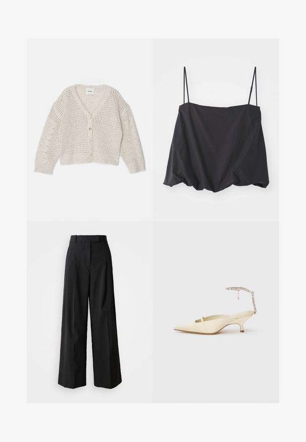 Šviesiai smėlio spalvos megztas kardiganas su V formos dekoltė, atviru audiniu, ilgomis rankovėmis ir penkiomis mygtukais. Papildomai turi raštuotus rankogalius ir apykaklę.; Juodas be rankovių viršus su plonomis petnešėlėmis, laisvas siluetas ir surinkta apatinė dalis. Pagamintas iš lengvos medžiagos su lygiu paviršiumi.; Juodos plačios kelnės iš sklandaus audinio su aukštu juosmeniu, turinčios dvi priekines klostes ir siuvinėtą dizainą.; Kremo spalvos bateliai su smailiu priekiu ir plona priekine juostele, bei deimantinėmis apyrankėmis ant kulkšnies, ant baltos fono.