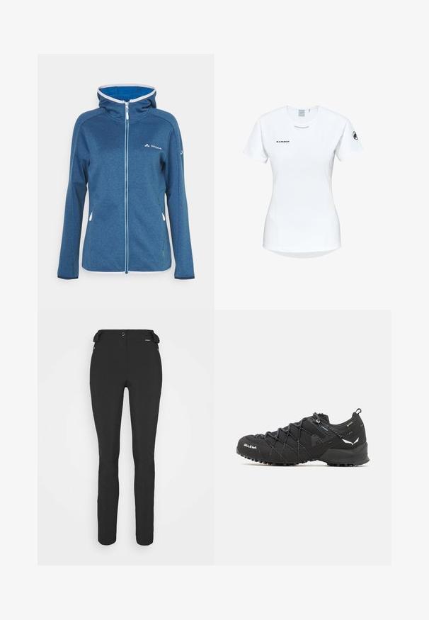 Blå fleecejacka med huva, med full dragkedja, kontrasterande ljusblå detaljer och en liten logotyp på bröstet. Slät yta.; Kortärmad vit träningsskjorta med rund halsringning, försedd med en logotyp på bröstet och en slät, lätt tygkvalitet.; Svarta, åtsittande byxor tillverkade av ett flexibelt material. Funktioner inkluderar en ficka med dragkedja på sidan, artikulerade knän och en jämn yta.; Svarta vandringsskor med ett texturerat tygöverdrag, snörningssystem och slitstark gummisula. Prydda med reflekterande detaljer och logotyper.