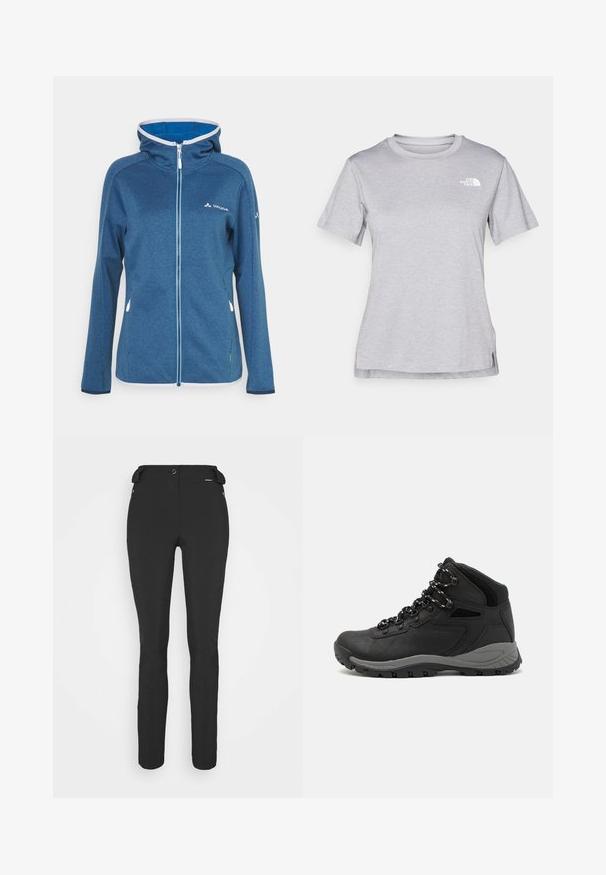 Zila flīsa jaka ar kapuci, ar pilnu rāvējslēdzēju, kontrastējošiem gaiši ziliem akcentiem un mazu logo uz krūškurvja. Gluda tekstūra.; Pelēks īsām piedurknēm T-krekls, kas izgatavots no mīksta, mitrumu noturoša auduma. Tam ir apaļš kakls un neliels balts logo kreisajā augšējā stūrī.; Melni, pieguļoši bikses, izgatavotas no elastīga materiāla. Iespējas ietver rāvējslēdzēju sānu kabatu, ar artikulētām ceļgaliem un gludu tekstūru.; Melni pārgājienu zābaki ar vidēju augstumu, ar teksturētu augšdaļu, pelēkiem akcentiem un izturīgu gumijas zoli ar saķeres izvirzījumiem.
