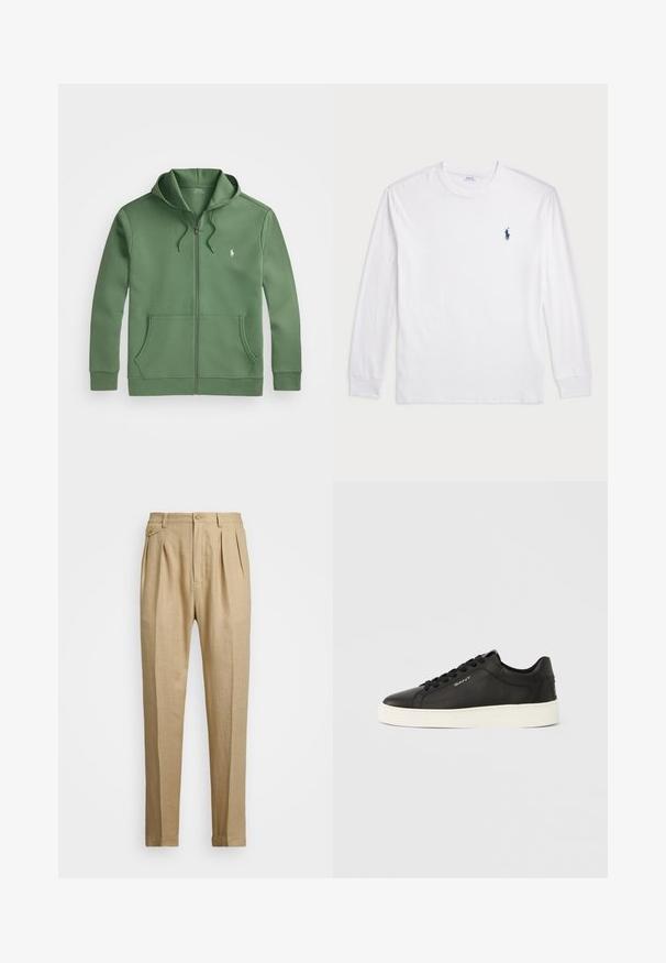 Žalios spalvos užtrauktuko gobtuvas, pagamintas iš lygaus audinio, su priekinio užtrauktuko, reguliuojamu raišteliu ant gobtuvo ir priekinėmis kišenėmis. Maža logo ant krūtinės.; Balta ilgomis rankovėmis marškinėliai iš medvilnės. Gali būti apvalios formos kaklas, raukšlės ant rankovių, ir nedidelis tamsiai mėlynas polo logotipas kairėje krūtinės pusėje.; Bežinės lininės kelnės tiesaus kirpimo, turinčios dvi priekinės klostes, sagų užsegimą ir šonines kišenes. Tekstūruotas audinys su lygiu paviršiumi.; Juodi odiniai sportbačiai su balta guminė padais, lygiais batraiščiais ir šonine logotipo detale. Lygios tekstūros ir apvalios nosies dizainas.