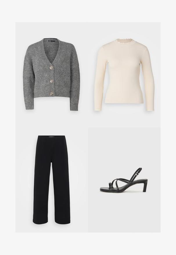 ONLY Petite ONLZOEY CARDIGAN - Neuletakki - dark grey melange; Pitkähihaisessa ribbikudotussa yläosassa on off-white väri, rypistetty korkeakaula-aukko ja hihansuut. Sujuva pinta ja hyvin istuva siluetti.; Mustat leveät housut elastisella vyötäröllä. Valmistettu tekstuuritetusta materiaalista, jossa on rento istuvuus ja suora leikkaus lantion kohdasta helmaan.; Mustat hihnalligat, joissa on neliön muotoinen kärki ja matala lohkokorko. Ominaisuuksiin kuuluu useita ohuita hihnoja ja säädettävä nilkkahihna. Valmistettu sileästä nahasta.