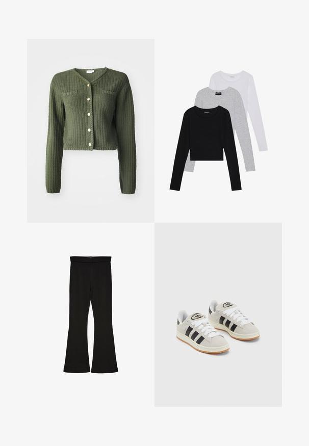 Dunkelgrüner Strickcardigan mit V-Ausschnitt, langen Ärmeln und verkürztem Design. Mit vorderen Knöpfen und zwei Brusttaschen.; Drei langärmelige Oberteile gestapelt: schwarz, grau und weiß. Jedes hat einen runden Halsausschnitt und ein kurzes Design aus glattem, leichtem Stoff.; Schwarze Schlagleggings aus dehnbarem Stoff. Sie verfügen über einen breiten Bund und eine glatte Textur, mit einer enganliegenden Silhouette, die am Saum ausgestellt ist.; Graue Wildledersneaker mit weißen Schnürsenkeln, schwarzen Streifen und einer weißen Gummisohle. Merkmale sind ein kreisförmiges Logo auf der Zunge und eine Gummisohle.