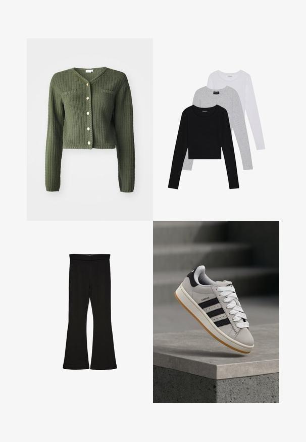 Dark green knit cardigan with a V-neck, long sleeves, and a cropped design. Features front buttons and two chest pockets.; Three long-sleeve tops stacked: black, grey, and white. Each has a round neckline and a cropped design with smooth, lightweight fabric.; Black flare leggings made from stretchy fabric. Features a wide waistband and a smooth texture, with a fitted silhouette that flares at the hem.; Gray Adidas Campus sneaker with black stripes and white laces floating above a concrete ledge with stairs in the background.