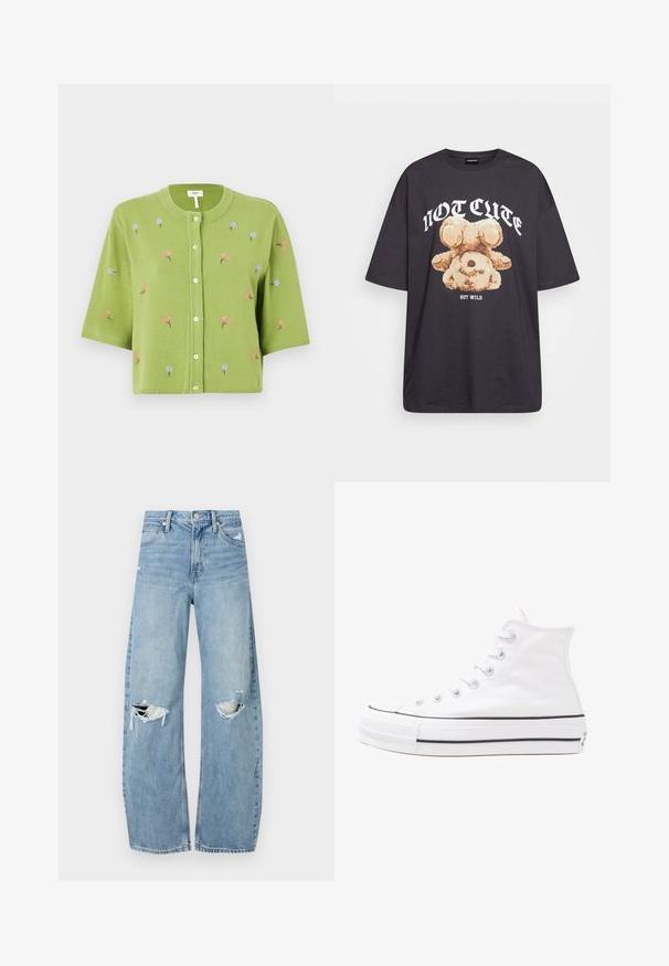 Grüne Strickjacke mit kurzen Ärmeln, verziert mit rosa und blauer floralem Stickerei, rundem Ausschnitt und Knopfleiste auf der Vorderseite.; Schwarzes, übergroßes T-Shirt mit einem Grafikdruck eines Bären und dem Text "NICHT SÜß, SONDERN WILD" in fetter, weißer Schrift. Baumwollmaterial.; Helles, hochtailliertes Jeans aus Denim. Hat weit geschnittene Beine, zwei aufgerissene Kniebereiche und klassischen Fünf-Taschen-Stil.; Weiße hochwertige Leinensneaker mit schwarzer Gummisohle, vorderem Gummizehenschutz und sechs Ösen für Schnürsenkel, die ein sauberes, minimalistisches Design aufweisen.