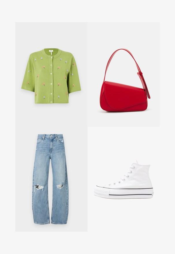 Grønn strikket cardigan med korte ermer, med rosa og blå blomstermønster, rund halslinning og knapplukking foran.; Svart oversized t-skjorte med en grafikk av en bjørn og teksten "IKKE SØT, MEN VILL" i fet, hvit skrift. Laget av bomull.; Lyseblå høytlivsjeans laget av denim. Har vide bein, to revne knær og klassisk fem-lommers design.; Hvit høy-skinn kanvas sneakers med svart gummisåle, gummitåhette foran og seks hull for snorer, med et rent, minimalistisk design.; Rød lærveske med en vinklet, geometrisk design. Har en enkelt justerbar stropp og en klaffelukking med sydd detaljer.