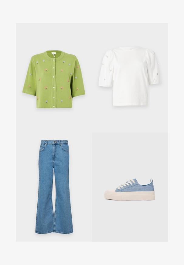 Grønn strikket cardigan med korte ermer, med rosa og blå blomstermønster, rund halslinning og knapplukking foran.; Hvit bomull T-skjorte med korte pufferm, med små sølvdekorasjoner langs ermene. Klassisk rund hals, avslappet passform.; Lyseblå vide jeans laget av denim, med høyt liv, fem lommer og en enkelt knappelukking. Myk tekstur med falmet finish.; Lys blå canvastøfler med en kremfarget gummitupp og yttersåle, med hvite snørebånd og en løfteløkke på hælen.