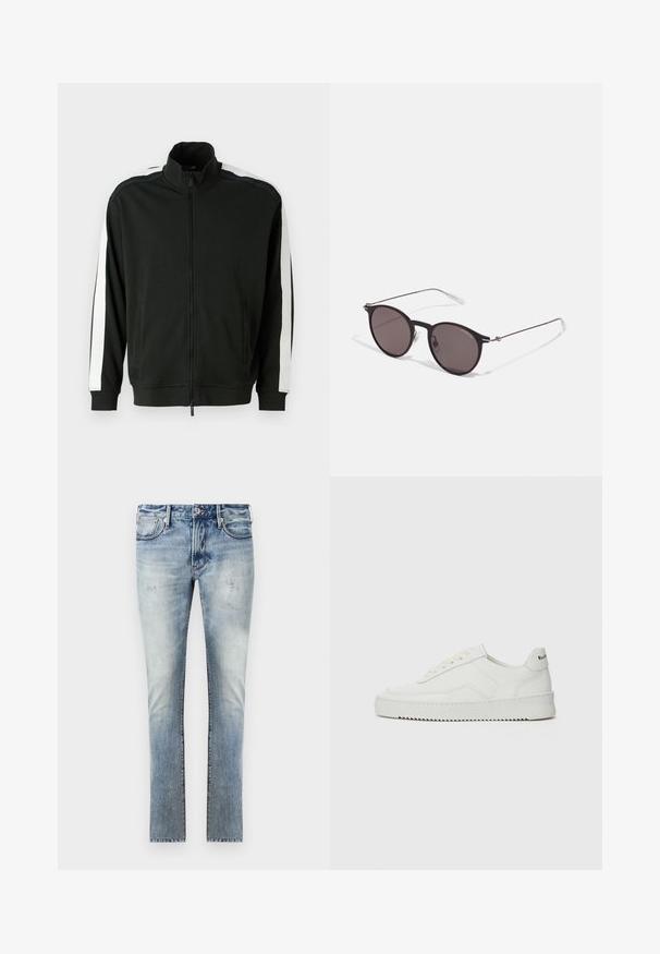 Must-havesin vijakuga, millel on kõrge krae, valged triibud varrukatel ja tekstureeritud detailid. Valmistatud pehmest kangast, sobib aktiivseks kandmiseks.; Must must T-särk, millel on ümmargune kaelus, lühikesed варст и väljend "EMPORIO ARMANI" valgete tähtedega, mille all on kõveras kujunduses sõna "Milano".; Heledad sinine teksapüksid, mis on kulunud viimistlusega, kitsas lõige, viis taskut ja kontrastõmblused õmblustes.; Valge nahast tennis, millel on sile põhi, ümar varvas, lamedad nöörid ja tekstuuriline tall. Sisaldab diskreetset logo kontsaribal.; Mustad mustad prillid tumedate läätsedega ja õhukeste metallist käepidemetega. Kaarja kujuga seljaosa ja hõbedased aktsendid hingel. Minimalistlik disain.