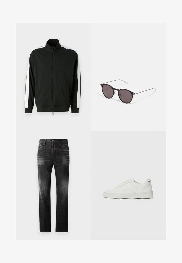 Černá zipová bunda s vysokým límcem, která má bílé pruhy na rukávech a texturované detaily. Vyrobena z měkké látky, vhodná pro aktivní nošení.; Černé bavlněné tričko s kulatým výstřihem, krátkými rukávy a logem "EMPORIO ARMANI" v bílém nad nápisem "Milano" v zakřiveném provedení.; Černé džíny z denimu se rovnými nohavicemi. Obsahují vybledlé oblasti, drobné poškození, klasický pětikapsový design a zapínání na knoflík.; Bílé kožené tenisky s hladkým povrchem, kulatou špičkou, plochými tkaničkami a texturovanou podrážkou. Na patě se nachází nenápadné logo.; Černé kulaté sluneční brýle s tmavými skly a tenkými kovovými nohami. Obsahují průhledné koncovky nožiček a stříbrné akcenty na pantu. Minimalistický design.