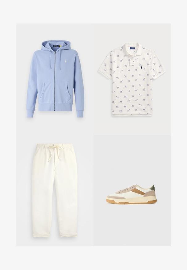 Šviesiai mėlynas užtrauktuku užsegamas džemperis, pagamintas iš minkštos medvilnės, su kengūros kišenėmis, gumuotomis rankovėmis ir mažu siuvinėtu logotipu ant krūtinės.; Balta polo marškiniai, pagaminti iš medvilnės, su pasikartojančiu mėlynu šunų raštu ir mažuoju mėlynu logotipu ant krūtinės. Trumpomis rankovėmis ir apykakle.; Šviesiai kreminės spalvos, laisvalaikio kelnės iš minkštos medžiagos. Turi elastinį juosmenį su raišteliais ir siaurėjantį kojų dizainą.; Bežiniai, kreminiai ir alyviniai sportbačiai, pagaminti iš zomšos ir odos, su apvaliu pirštu, minimalistiniu dizainu ir guminėmis padangomis.