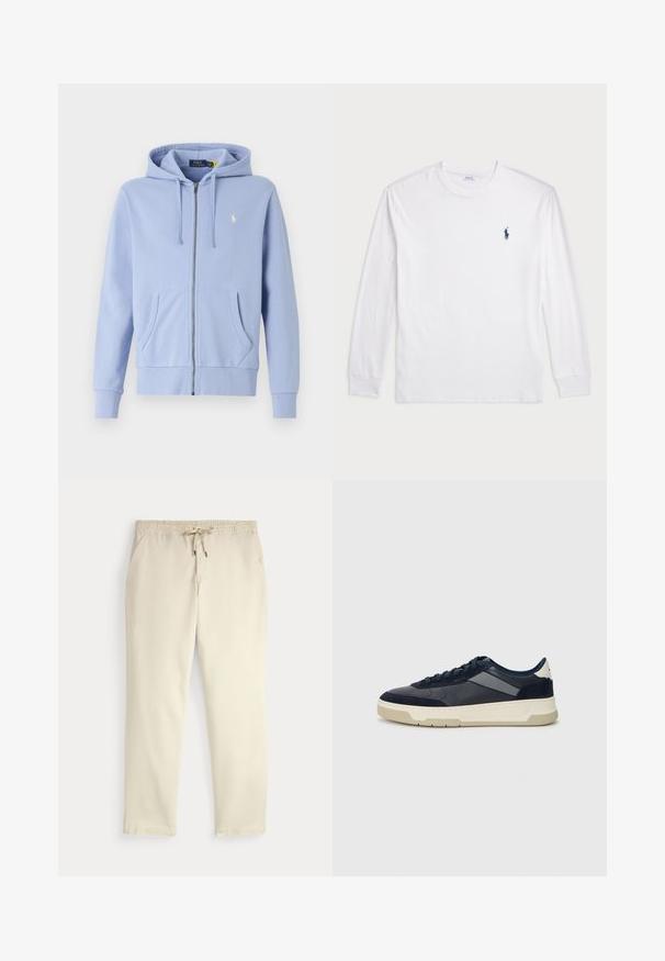 Casaco com fecho éclair azul claro, feito de algodão suave, com um bolso tipo canguru, punhos canelados e um pequeno logótipo bordado no peito.; Camisola de manga longa branca feita de algodão. Apresenta um decote redondo, punhos canelados e um pequeno logótipo de polo azul-marinho no lado esquerdo do peito.; Calças casuais off-white com cintura elástica e cordão, pernas retas e bolsos laterais, contra um fundo liso.; BOSS BALTIMORE - Sapatilhas - open blue