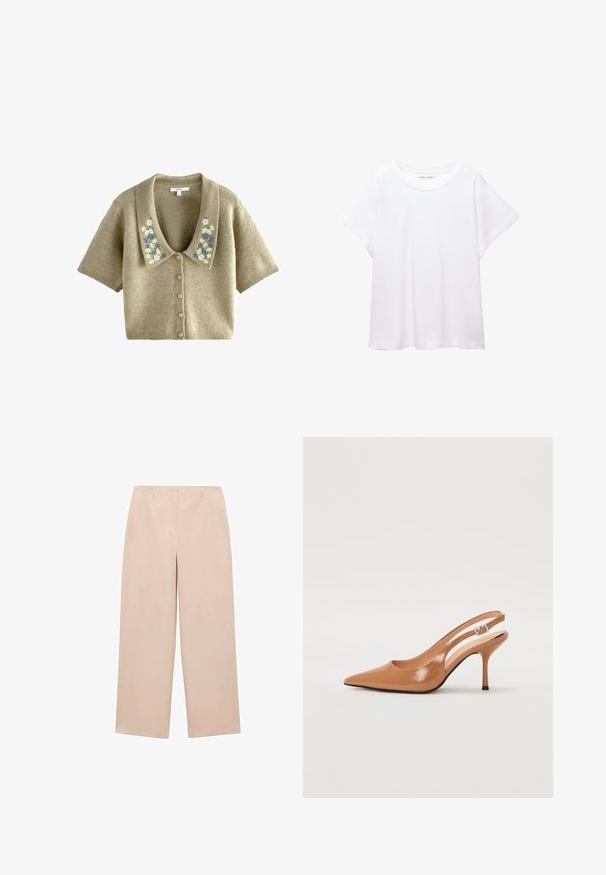 Kortærmet, strikket cardigan i lys olivengrøn med en stor krave og blomsterbroderi i blå og creme. Lukning foran med knapper.; Hvid T-shirt lavet af blødt, let stof. Har en rund halsudskæring og korte, brede ærmer med en afslappet pasform. Ingen synlige mønstre.; Beige bredde bukser lavet af glat stof, med flad front og bæltestropper, samt ingen synlige mønstre eller udsmykninger.; Spids tå slingback hæl i et glat, blankt tan materiale. Har et buet udskæring design og en slank stiletto hæl. Sølv spænde detalje.