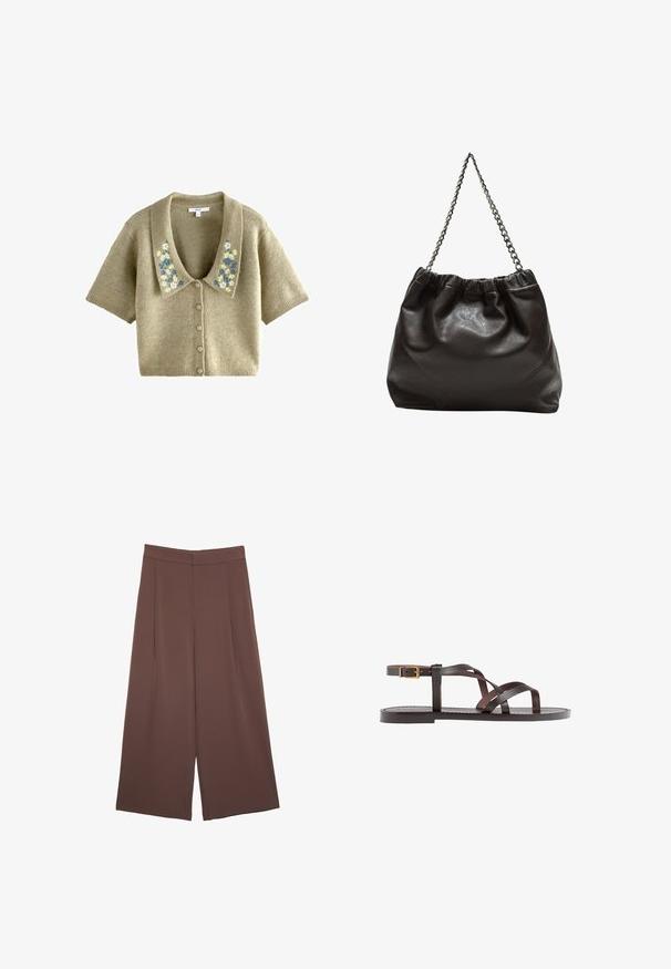 Kurzarmpullover, gestrickter Cardigan in hellem Olivgrün mit großem Kragen und floralem Stickerei in Blau und Creme. Mit Knopfverschluss vorne.; Braunes, kurzärmliges T-Shirt aus weichem Material mit rundem Halsausschnitt und lockerer Passform. Keine sichtbaren Muster oder Akzente.; Braune Weite-Leg-Hosen mit einer glatten Textur, hoher Taille und Vorderfalten. Der Stoff ist leicht und fällt locker.; Braune Leder-Sandale mit überkreuzten Riemen, einem Knöchelriemen mit Schnalle und einer flachen Sohle mit minimalen Nähdetails.; Braune Lederhandtasche mit gerafftem Oberteil und Kettenriemen. Glatte Textur mit glänzendem Finish und subtilen Nahtdetails an den Seiten.