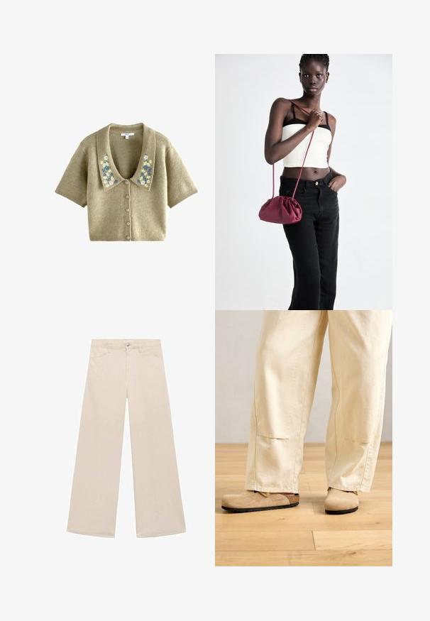 Kurzarmpullover, gestrickter Cardigan in hellem Olivgrün mit großem Kragen und floralem Stickerei in Blau und Creme. Mit Knopfverschluss vorne.; Schwarzes ärmelloses Rollkragenoberteil, aus glattem Stoff hergestellt. Eng anliegendes Design mit hohem Kragen und geradem Saum, minimalistisch und in einfarbiger Ausführung.; Beige weit geschnittene Hose aus Baumwollmischung. Mit vorderen Taschen und einem einzigen Metallknopfverschluss an der Taille. Glatte Textur.; Beige weite Hose, getragen mit tanfarbenen Wildleder-Birkenstock-Clogs auf einem hellen Holzboden.; Burgunderfarbene Handtasche aus weichem Stoff mit gerafftem Design und langem Trageriemen, quer über den Körper getragen. Das Modell trägt ein weißes Crop-Top und schwarze Jeans.; Goldplattierter Ring mit drei miteinander verbundenen, abgerundeten Bändern, die eine glatte, glänzende Oberfläche und subtile Rillen zwischen den Bändern aufweisen.