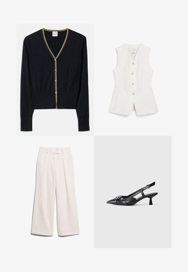 Granatowy kardigan wykonany z miękkiego materiału, z dekoltem w kształcie litery V i kolorowymi paskami wzdłuż krawędzi, z sześcioma okrągłymi guzikami z przodu.; Biała bezrękawnik o dopasowanym kroju, z sześcioma okrągłymi guzikami i dwiema przednimi kieszeniami. Wykonana z gładkiego materiału o czystym wykończeniu.; Spodnie o szerokich nogawkach w jasnym kolorze kremowym, wykonane z gładkiego materiału, z dwiema przednimi kieszeniami i widocznym szwem na pasku.; Czarne skórzane buty typu slingback z ostrym noskiem, ozdobnymi paskami z metalowymi oczkami oraz niskim klinowym obcasem. Teksturowana powierzchnia.