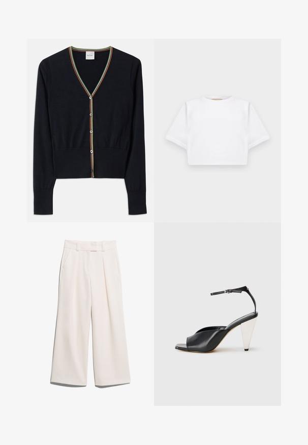 Mornarica pulover iz mehkega materiala, z V-izrezom in večbarvno črtasto obrobo ter šestimi okroglimi gumbi po sprednji strani.; Kratka bela majica iz mehkega materiala, s kratkimi rokavi, okroglega izreza in rebrastimi robovi. Preprost in neokrašen dizajn.; Široke hlače v svetlo kremni barvi, narejene iz gladkega blaga, z dvema sprednjima žepoma in vidno šivanim pasom.; Črne usnjene sandale s peto, odprto toe, asimetričnim dizajnom, zaponko okoli gležnja in kovinsko stožčasto peto. Gladka tekstura po celotni površini.
