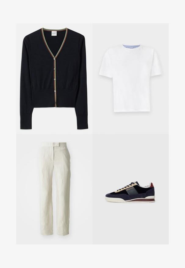 Sötétkék kardigán puha anyagból, V nyakkivágással, színes csíkos díszítéssel és hat kerek gombbal az elején.; Fehér pamut póló kerek nyakkivágással. Rövid ujjakkal és kék csíkkal rendelkezik a belső nyakkivágásnál. Puha tapintású, normál szabású.; Fehér len nadrág, szabott fazonnal, lapos elülső résszel és egyenes lábakkal. Simább textúrájú, enyhe gyűrődési részletekkel.; Tengerészkék nubuk sportcipő bézs és sötétkék akcentusokkal. Fehér gumitalppal és arany logóval az oldalon. Klasszikus sportos dizájn.