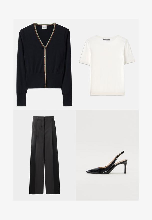 Sötétkék kardigán puha anyagból, V nyakkivágással, színes csíkos díszítéssel és hat kerek gombbal az elején.; Fehér, rövid ujjú kötött felső, kerek nyakkivágással, sima textúrával és diszkrét bordázott részletekkel az ujjain és az alján.; Fekete, bő szárú nadrág magas derékkal, elöl plissékkel, sima felülettel és igényes kidolgozással. Kényelmes viseletre tervezve.; Fekete lakk bőr kötött magassarkú cipő, hegyes orral és karcsú sarokkal, finom kivágásos dizájnnal. Az övön arany csatt található.