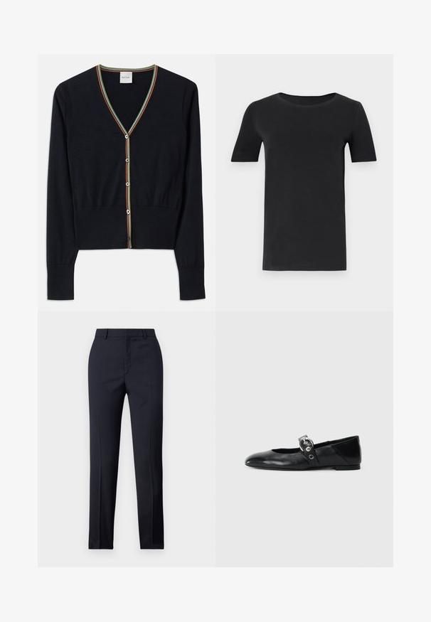 Jūreivio megztinis, pagamintas iš minkštos medžiagos, su V formos iškirpte, daugiakampiais dryželiais ir šešiais apvaliais mygtukais priekyje.; Juodas trumpas rankovėmis marškinėlis, pagamintas iš minkštos medvilnės, su apvaliu iškirpimu ir klasikiniu siluetu. Lygus paviršius, be raštų ar puošmenų.; Jūriniai pritaikyti kelnes su tiesiu kirpimu, turinčios lygų paviršių, dvi priekinės kišenės ir švarus liemuo.; Juodų odinių baletinių batelių su smailiu nosiu, su užrišamu dirželiu su apvalia metaline sagtimi ir plokščiu padu.