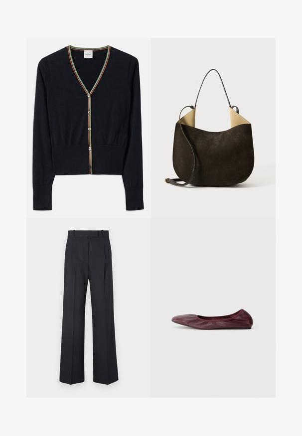 Jūreivio megztinis, pagamintas iš minkštos medžiagos, su V formos iškirpte, daugiakampiais dryželiais ir šešiais apvaliais mygtukais priekyje.; Ilgas rankoves pilkos juostos mezgimo marškinėliai, apykaklė suapvalinta, prigludusi siluetas, lygus tekstūra, be matomų logotipų ar puošmenų.; Tamsiai mėlynos juostelės kelnės su aukštu liemeniu, plačiomis kojomis ir be matomų detalių ar puošmenų. Sklandus audinys ir pritaikytas siluetas.; Balerinai tamsiai burgundiško odos, su apvaliomis nosimis, elastingu kraštu ir lygiu paviršiumi, puošti subtiliais raukšlėmis.; Tamsiai rudos suknelės odos rankinė su lygia tekstūra, minimalistiniu dizainu ir kontrastinga šviesios spalvos vidine dalimi. Puošia ilgas odinis diržas.