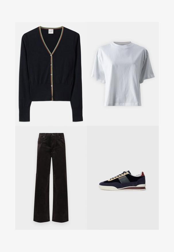 Granatowy kardigan wykonany z miękkiego materiału, z dekoltem w kształcie litery V i kolorowymi paskami wzdłuż krawędzi, z sześcioma okrągłymi guzikami z przodu.; IVY OAK KYLA biały; Czarne sztruksowe spodnie o szerokich nogawkach z wysokim stanem, wyposażone w dwie przednie kieszenie i zapięcie na guzik. Gładka faktura z pionowymi żebrowaniami.; Granatowe zamszowe sneakersy z beżowymi i ciemnoniebieskimi akcentami. Posiadają białą gumową podeszwę i złote logo na boku. Klasyczny sportowy design.