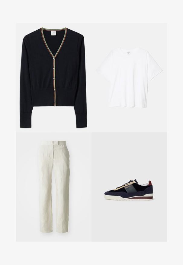 Sötétkék kardigán puha anyagból, V nyakkivágással, színes csíkos díszítéssel és hat kerek gombbal az elején.; Fehér pamut póló rövid ujjal, kerek nyakkivágással, laza fazonnal és varrott szegéllyel. Címke látható a belső nyakrészén.; Fehér len nadrág, szabott fazonnal, lapos elülső résszel és egyenes lábakkal. Simább textúrájú, enyhe gyűrődési részletekkel.; Tengerészkék nubuk sportcipő bézs és sötétkék akcentusokkal. Fehér gumitalppal és arany logóval az oldalon. Klasszikus sportos dizájn.