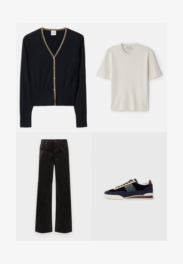 Jūras zilas krāsas kardigāns, izgatavots no mīksta auduma, ar V veida kakla izgriezumu un daudzkrāsainu svītru apdari, kā arī sešiem apaļiem pogām priekšpusē.; Krēmveidīga T-kreklu ar īsām piedurknēm, apaļo kakla izgriezumu, izgatavota no mīksta materiāla, ar taisnu griezumu un minimālu dekoru.; Melnas samta auduma plašas bikses ar augstu vidukli, kurās ir divas priekšējās kabatas un pogas aizdare. Gluda tekstūra ar vertikālām rievojumiem.; Jūras spēku zilo zamšādas sporta apavi ar bēšiem un tumši ziliem akcentiem. Aprīkoti ar baltu gumijas zoli un zelta logotipu sānos. Klasiska sporta dizaina.