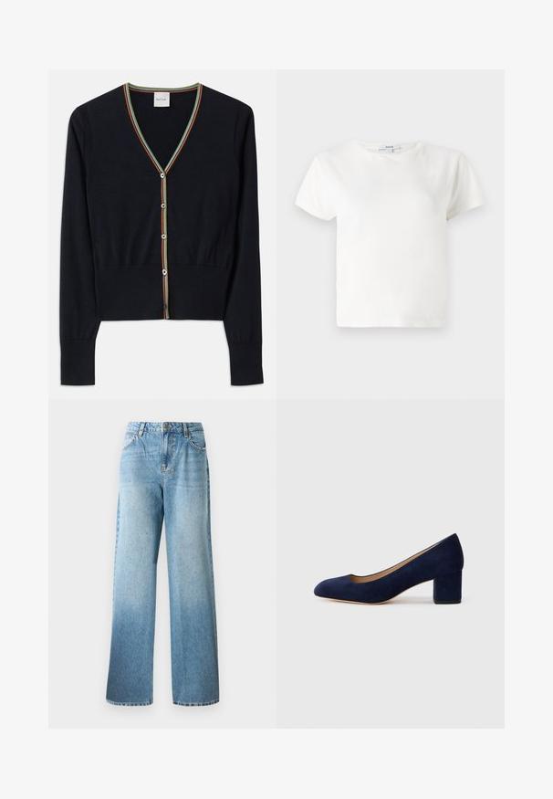 Mornarica kardigan od mekog materijala, s V-izrezom i višebojnim prugastim obrubom, te šest okruglih dugmadi na prednjoj strani.; Bijela pamučna majica kratkih rukava, okruglog izreza i ležernog kroja. Oznaka vidljiva na ovratniku, glatka tekstura. Jednostavan dizajn, bez uzoraka.; Svijetloplave traperice širokog kroja, ravnih nogavica i suptilnim ukrasima. Ima tradicionalni dizajn s pet džepova i petljama za remen.; Tamno plava suede salonka s šiljastim vrhom i blok petom srednje visine. Glatka tekstura s blagim sjajem i malim izrezom sprijeda.