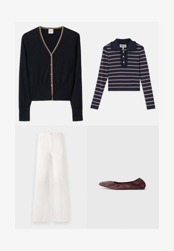 Sötétkék kardigán puha anyagból, V nyakkivágással, színes csíkos díszítéssel és hat kerek gombbal az elején.; Tengerészkék hosszúujjú ing, rózsaszín vízszintes csíkokkal, fodros gallérral és elöl három gombbal; puha, rugalmas anyagból készült.; Fehér, magas derekú, bő szabású farmernadrág. Gombos záródással, két elülső zsebbel és oldalsó varrásokkal rendelkezik, amelyek varrási részleteket tartalmaznak.; Burgundi színű, mély bőrből készült balerina cipő, lekerekített orral, rugalmas szegéllyel és sima felülettel, finom redőzéssel.