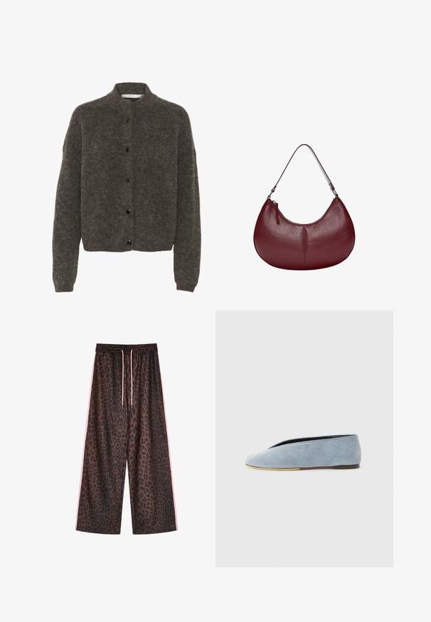 Tmavošedý chlpatý kardigán vyrobený z vlny, s vysokým golierom, zapínaním na gombíky vpredu a dlhými rukávmi s rebrovanými manžetami.; Svetlomodrá bezrukávová rebrovaná tričko s okrúhlym výstrihom a malým logom vyšitým na strede. Hladká textúra, priliehavý strih.; Nohavice s širokým strihom v leopardom vzore hnedých a čiernych odtieňoch, s elastickým pásom a ružovými šnúrkami na stiahnutie, zdobené bočnými ružovými pruhmi. Hladká textúra látky.; Denimové slip-on topánky vo svetlom modrom odtieni s hladkým povrchom, mandľovým tvarom špičky a plochou čiernou podrážkou. Minimalistický dizajn s nízkym profilom.; Bordová kožená kabelka s zakriveným tvarom. Obsahuje jeden ramenný popruh a vrchný zips, ktorý vyzdvihuje hladký, textúrovaný povrch.; Strieborný náhrdelník s hladkým oválnym príveskom s vygravírovanou usmiatou tvárou ozdobenou zelenými akcentmi. Reťaz má prepojené články.