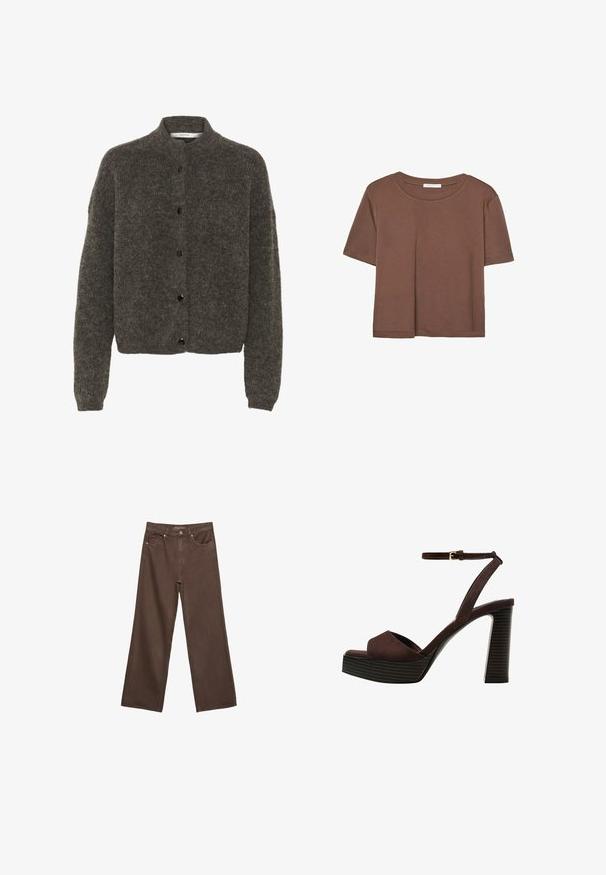Tmavě šedý, chlupatý kardigan z vlny, s vysokým límcem, zapínáním na knoflíky a dlouhými rukávy se žebrovanými manžetami.; Hnědé tričko s krátkým rukávem vyrobené z měkké látky, s kulatým výstřihem a volným střihem. Bez viditelných vzorů nebo dekorací.; Hnědé džíny s širokými nohavicemi vyrobené z denimu, s vysokým pasem, předními kapsami a klasickým zapínáním na knoflík. Hladká textura s jemným švem.; Hnědé semišové sandály na vysokém podpatku s otevřenou špičkou, nastavitelným páskem kolem kotníku a proužkovou platformou.