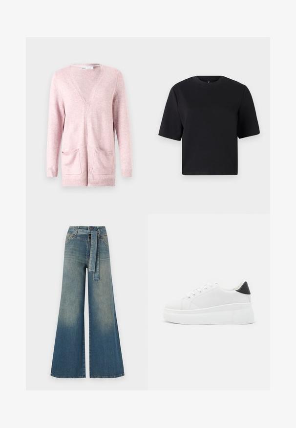 Cardigan rose clair en tissu doux, avec des manches longues, un col en V, des poignets côtelés et deux poches avant.; T-shirt noir à manches courtes, encolure ronde, fabriqué en coton lisse ; coupe décontractée, design minimaliste, sans motifs ni accents visibles.; Pantalons en denim à jambe large présentant un dégradé de bleu clair à bleu foncé, taille haute, passants de ceinture et une ceinture en tissu assortie. Finition en denim texturé.; Baskets plates blanches en matériau synthétique lisse, avec un bout arrondi, un design à lacets et une semelle en caoutchouc texturé. Accent de talon noir.