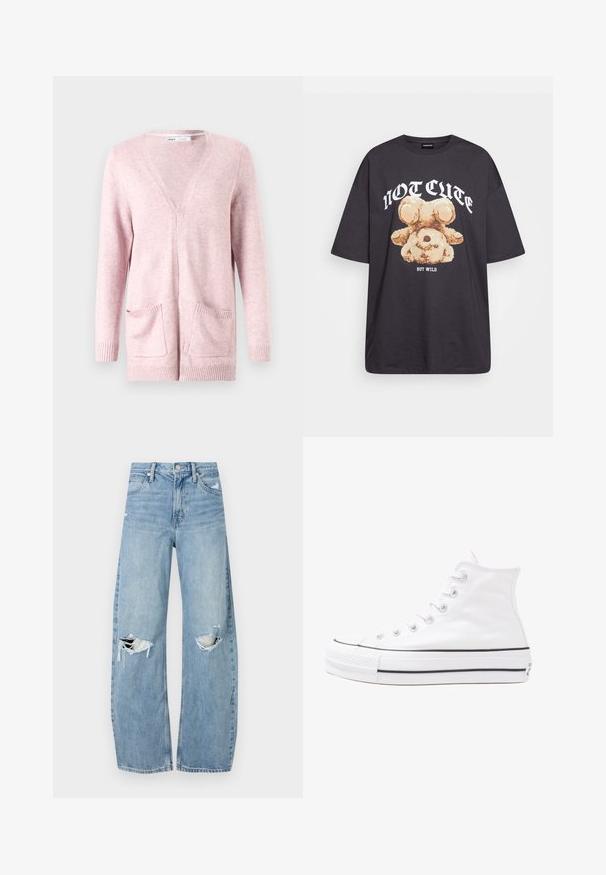 Cardigan rosa chiaro realizzato in tessuto morbido, con maniche lunghe, scollo a V, polsini a coste e due tasche frontali.; T-shirt nera oversize con una grafica di un orso e la scritta "NON CARINA MA SELVAGGIA" in grassetto, lettere bianche. Materiale in cotone.; Jeans azzurri chiari a vita alta realizzati in denim. Presentano gambe larghe, due aree strappate sulle ginocchia e il classico styling a cinque tasche.; Sneaker alta in tela bianca con suola in gomma nera, punta in gomma frontale e sei asole per i lacci, caratterizzata da un design pulito e minimalista.