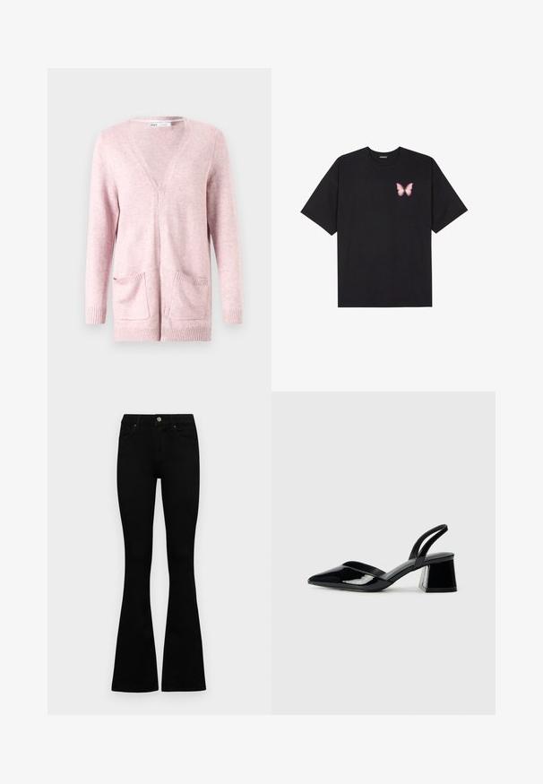 Light pink cardigan made of soft fabric, featuring long sleeves, a V-neck, ribbed cuffs, and two front pockets.; Black cotton t-shirt with short sleeves, featuring a small pink butterfly graphic on the left chest. Crew neck design with a relaxed fit.; Black high-waist jeans with a button and zip closure, front pockets, and flared legs laid flat on a white background.; Black patent leather slingback heels with a pointed toe and a geometric block heel. Features a sleek, minimal design and smooth texture.