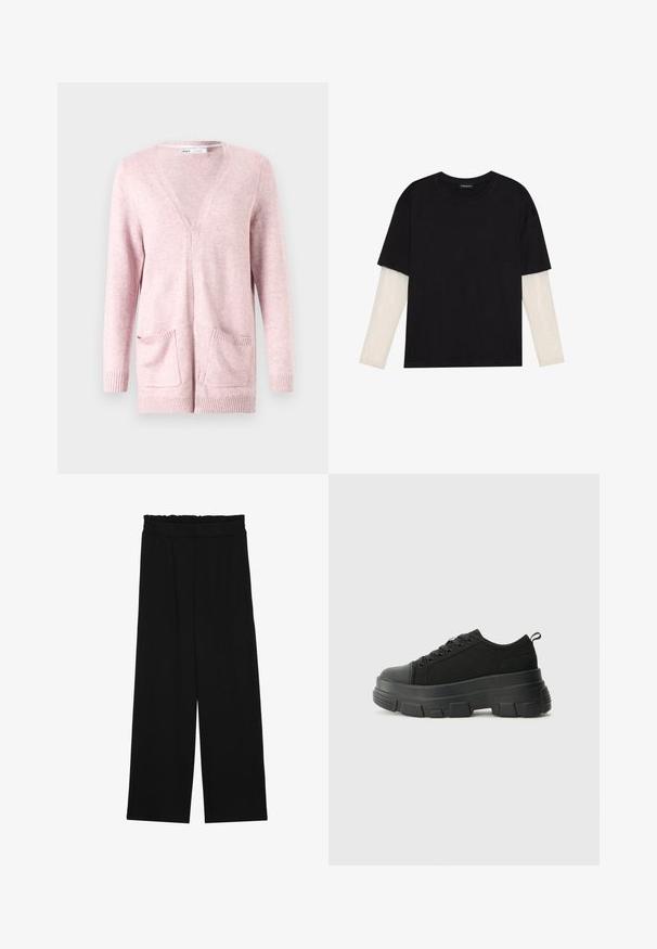 Light pink cardigan made of soft fabric, featuring long sleeves, a V-neck, ribbed cuffs, and two front pockets.; Black T-shirt made of cotton, featuring short sleeves over a white long-sleeve layer with a subtle textured pattern. Crew neckline design.; Black wide-leg trousers with a ruffled waistband, featuring two side pockets and a smooth, lightweight fabric. No visible patterns or hardware.; Black sneakers with a chunky rubber sole, textured fabric upper, round toe, and lace-up design. Features reinforced eyelets and back pull tab.