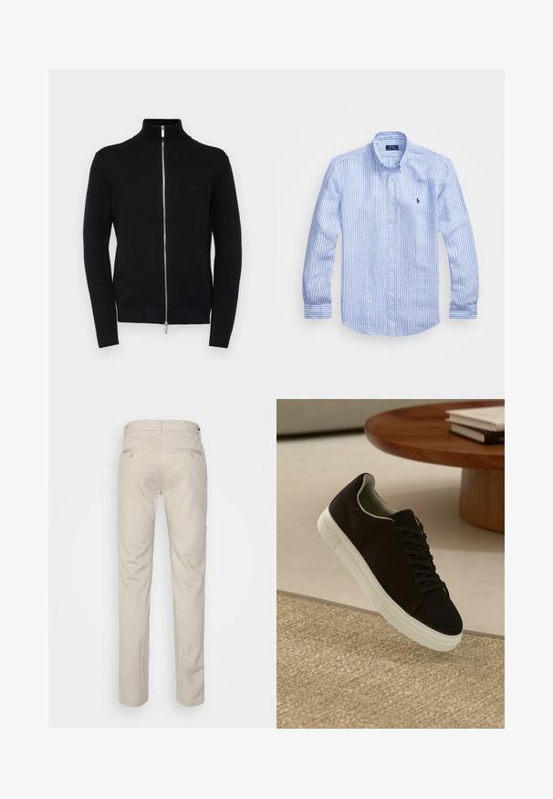 Mustmustapiga musta värvi tõmbluku ja kõrge kaelusega, ribadega mansetid ja äär, tekstuurse kudumismaterjaliga, hõbedase tõmblukuga.; Sinine ja valge triibuline pikkade varrukatega särk, mis on valmistatud puuvillast, ning millel on nööbitav krae, esi-nööbid ja väikese tikandiga logo rinnal.; Bež püksid siledas tekstuuris, sirge lõikega, kahe nööpidega tagataskuga ja tavalise vöökohaga.; Mustad musta tossuga valge tallaga, mis hõljub beeži tekstuuriga vaiba kohal, ümaral puidust laual, mille peal on kokku virnastatud raamatud.