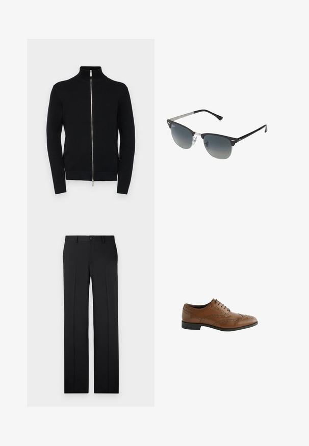 Juodas užtrauktuku užsegamas megztinis su aukštu apykakle, raukšlėmis rankogaliais ir apačia, pagamintas iš tekstūrinio megztinio audinio, su sidabriniu užtrauktuku.; Trijų marškinėlių rinkinys: vieni juodi ir du balti. Kiekvieni turi apvalią iškirptę, trumpas rankoves ir pagaminti iš lygaus medvilninio audinio.; Juodos, pritaikytos kelnės su tiesia kojų forma, lygiu audiniu, priekinėmis raukšlėmis ir vienu mygtuko uždarymu juosmens srityje.; Rudos odinės suknelės batai su išsiskiriančiais broguing detalėmis, apvaliu nosiu ir plokščiu kulnu. Yra penki raištelių akių ir lygus paviršius.; Juoda ir sidabrinė akiniai nuo saulės su katės akies forma, gradientinės lęšiai ir metalinės detalės ant rėmo. Plastikiniai šonai su pilkais galiukais.