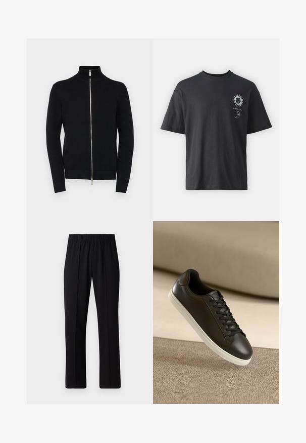 Sort zip-up sweater med høj krave, ribstrikkede manchetter og kant, lavet af struktureret strikket stof, med en sølvfarvet lynlås.; Sort bomulds T-shirt med korte ærmer, rund hals og frontgrafik af en sol og måne, ledsaget af teksten "Le Soleil et La Lune."; Sorte bukser med elastisk talje og lige ben, der har en glat tekstur og ingen synlige mønstre eller hardware.; Sort lædersneaker med hvid gummisål og sorte snørebånd, placeret mod en beige stofoverflade og baggrund.