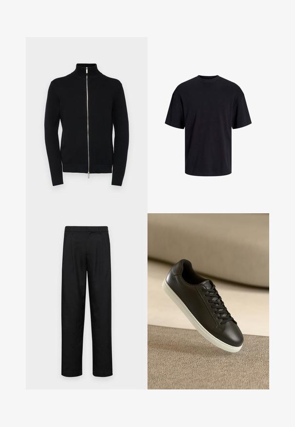 Schwarzer Reißverschluss-Pullover mit hochgeschlossener Kragen, gerippten Bündchen und Saum, aus strukturiertem Strickstoff gefertigt, mit einem silbernen Reißverschluss.; Schwarzes Baumwoll-T-Shirt mit Rundhalsausschnitt, kurzen Ärmeln und lässiger Passform. Glatte Oberflächenstruktur und keine sichtbaren Muster oder Akzente.; Schwarze Hose aus glattem Stoff, mit geradem Bein Design, zwei vorderen Falten und einem Standardbund mit Gürtelschlaufen.; Schwarzer Ledersneaker mit weißer Gummisohle und schwarzen Schnürsenkeln, platziert auf einer beigen Stoffoberfläche und im Hintergrund.