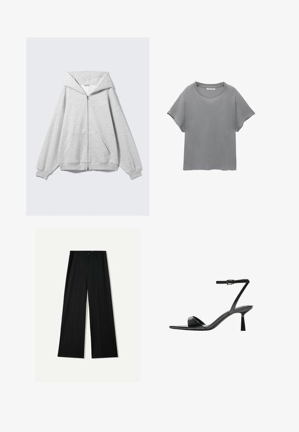 Grauer Zip-up-Hoodie mit großem Kapuzen, oversized Passform, Kängurutasche, gerippten Bündchen und Saum. Hergestellt aus weichem, strukturiertem Baumwollstoff.; PULL&BEAR SHORT SLEEVE - T-Shirt print - grey; Bershka WIDE - Stoffhose - black; Bershka High Heel Sandalette - black