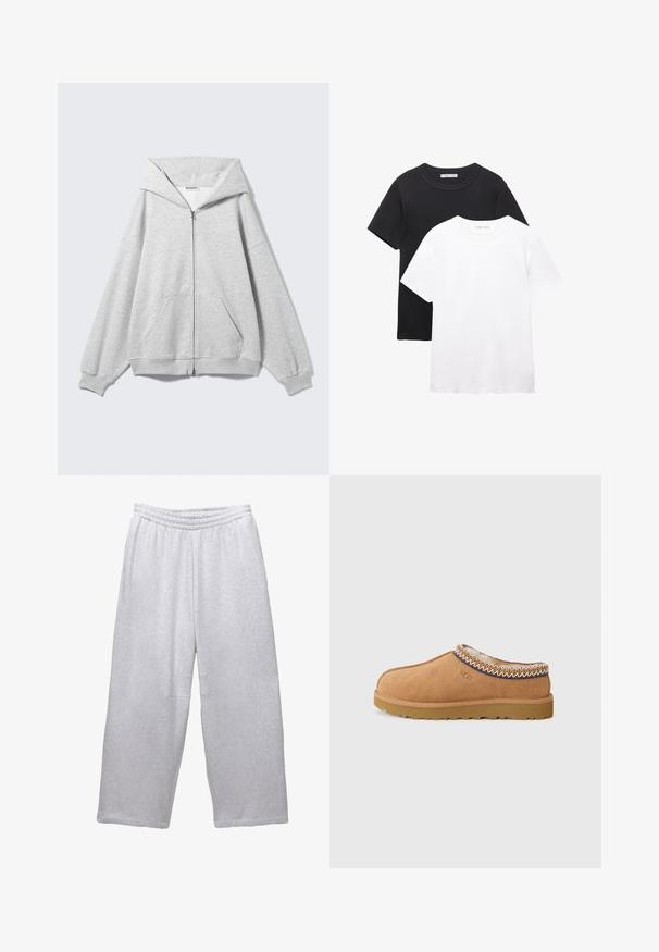 Grijze hoodie met rits en grote capuchon, oversized pasvorm, kangoeroezak, geribbelde manchetten en zoom. Gemaakt van zachte, gestructureerde katoenen stof.; Twee crew-neck t-shirts, één zwart en één wit. Gemaakt van zachte katoen, met korte mouwen en een eenvoudig, klassiek ontwerp.; Lichtgrijze ruime sweatpants met elastische tailleband en gestikte naden op een witte achtergrond.; Tan suede instapschoen met een gestructureerde wollen voering en decoratieve etnische stiksel rond de kraag. Voorzien van een rubberen zool.