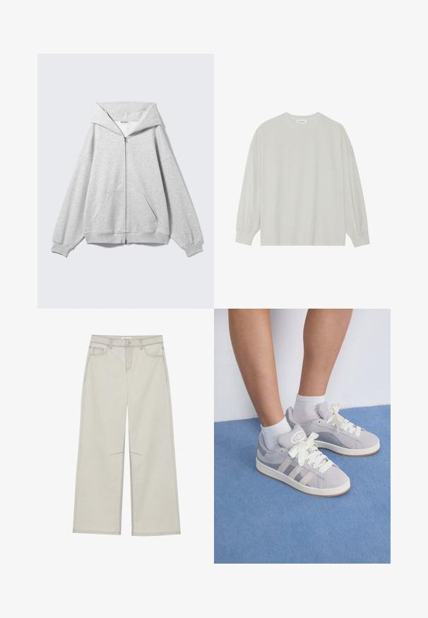 Gray zip-up hoodie with a large hood, oversized fit, kangaroo pocket, ribbed cuffs, and hem. Made from soft, textured cotton fabric.; Light gray long-sleeve t-shirt made of soft cotton. Features a loose fit, round neckline, and gently gathered cuffs. No patterns or graphics.; Light gray wide-leg pants with five pockets, front button closure, and contrast stitching along seams. Fabric appears soft and durable.; Gray suede sneakers with white laces and rubber sole, featuring three diagonal stripes on the side and a logo patch on the tongue.