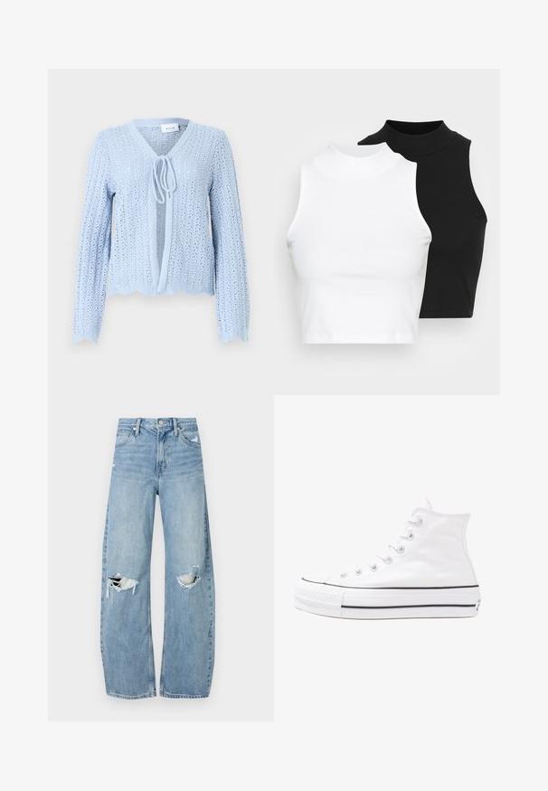 Gaiši zils adīts džemperis ar viļņotu apakšmalu, garām piedurknēm un priekšējo saitēm. Iekļauj atvērto rakstu visā audumā.; Divi bez piedurknēm riboti turtleneck topi melnā un baltā krāsā, ar pieguļošu dizainu un gludu faktūru, ar īsu garumu.; Gaiši zili, augstās vidukļa džinsi, kas izgatavoti no denima. Iespējas plašas kājas, divas plēstas ceļa daļas un klasiskā piecu kabatu dizains.; Balti augstie kanvas sporta apavi ar melnu gumijas zoli, priekšējo gumijas purngalu un sešām acīm lencēm, kuriem ir tīrs, minimālistisks dizains.