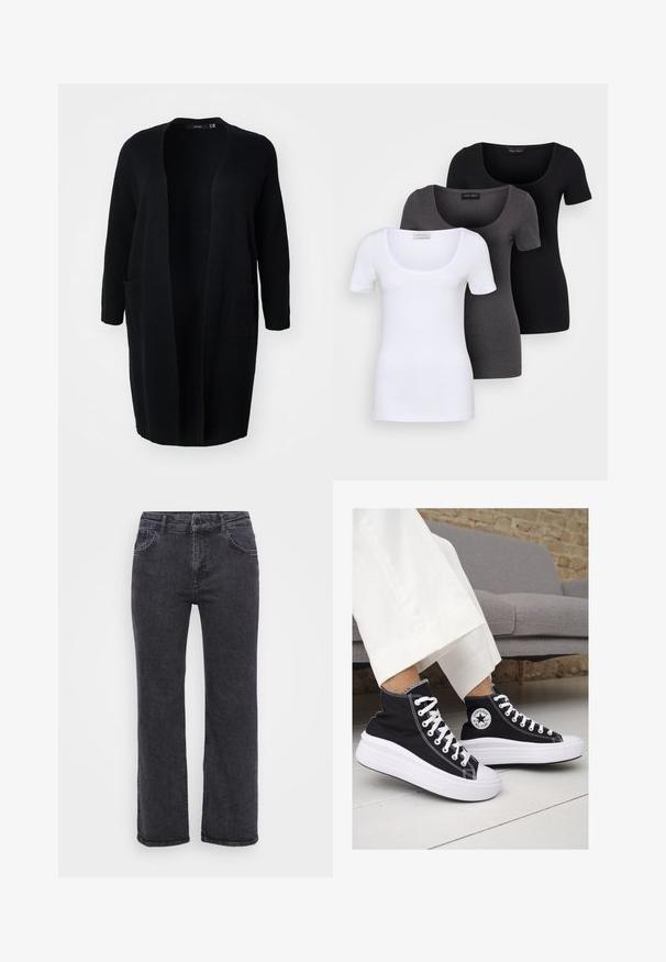 Vero Moda Curve VMCSABA POCKET COATIGAN - Kardigán - black; Tričko v bielej, šedej a čiernej farbe s priliehavým strihom. Každé má široký výstrih a krátke rukávy. Vyrobené z hladkej, elastickej tkaniny.; Čierne džíny z denimu so strihom rovného nohavice, piatimi vreckami a zapínaním na gombík. Tkanina má mierne vyblednutú textúru a robustné šitie.; Čierne plátkové tenisky s vysokým strihom a bielymi gumovými podrážkami a šnúrkami. Majú okrúhly logotyp na boku a kontrastné biele stehy.