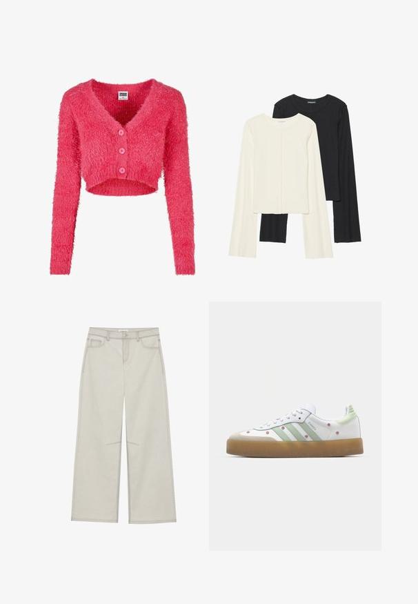 Rozā, pūkainā, īsajā kardiganā ar V-veida kaklu, garām piedurknēm un četriem atbilstošiem pogām priekšpusē. Mīksta tekstūra un brīva piegriezuma forma.; Divu garo piedurkņu tops komplekts baltā un melnā krāsā. Ribota tekstūra, apaļš kakls, pieguļoša dizaina ar nedaudz izplestām piedurknēm.; Gaiši pelēkas platās bikses ar piecām kabatām, priekšējo pogu aizdari un kontrastējošiem šuvju ieliktņiem. Audums izskatās mīksts un izturīgs.; Baltijas sporta apavi ar zaļiem akcentiem, trīs svītrām, ziedu izšuvumu un gumijas zoli. Iezīmē apaļu purngali un mežģīņu dizainu.